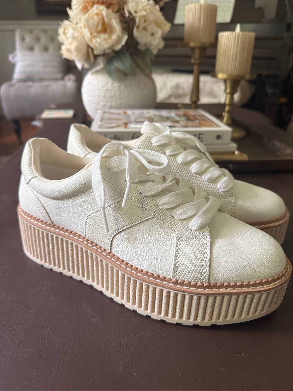 Dolce Vita Cream Platform Lace-Up Sneakers with Blush Trim